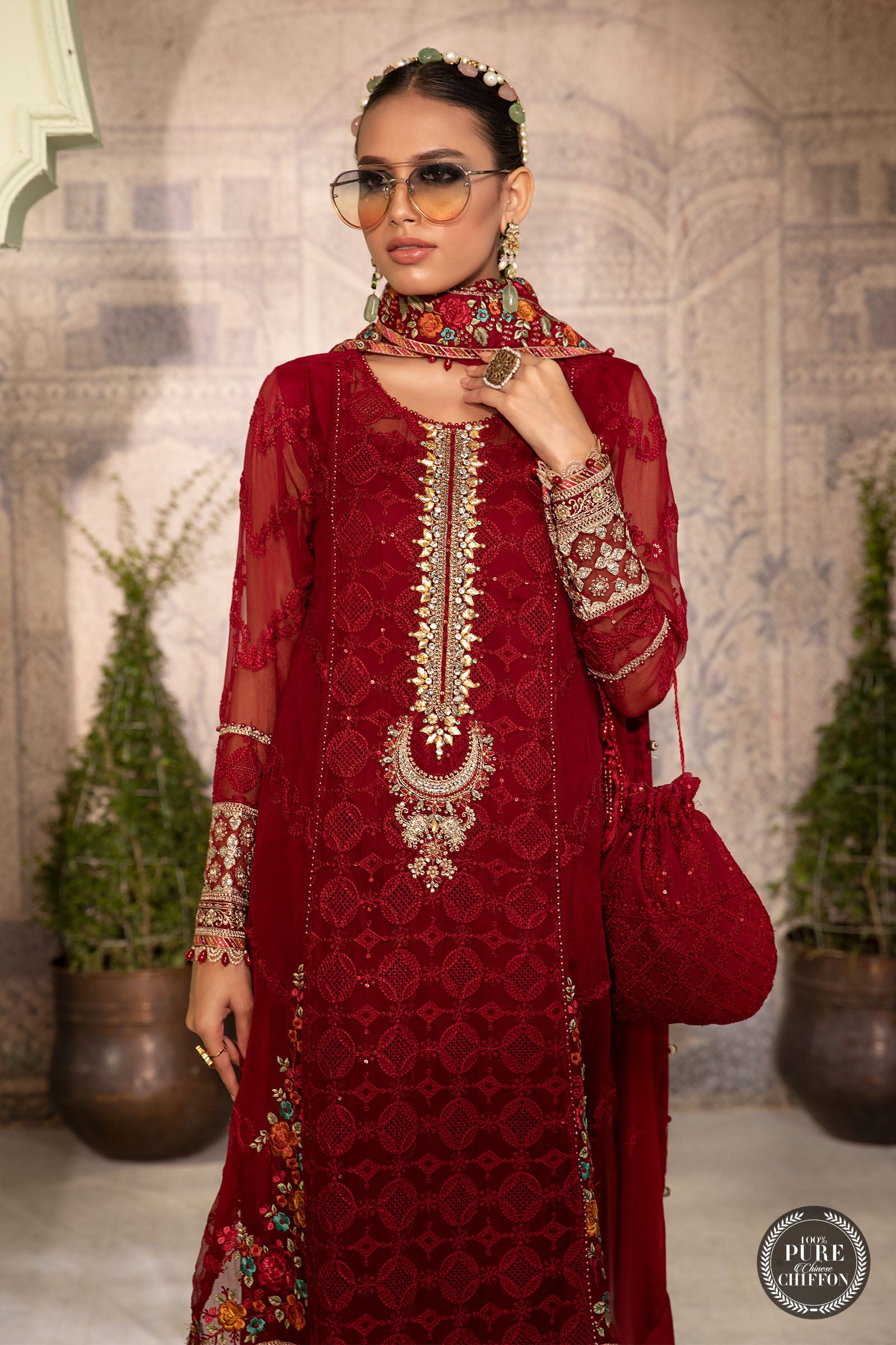 Maria B MPC-22-201-Ruby Red Wedding Chiffon Collection 2022