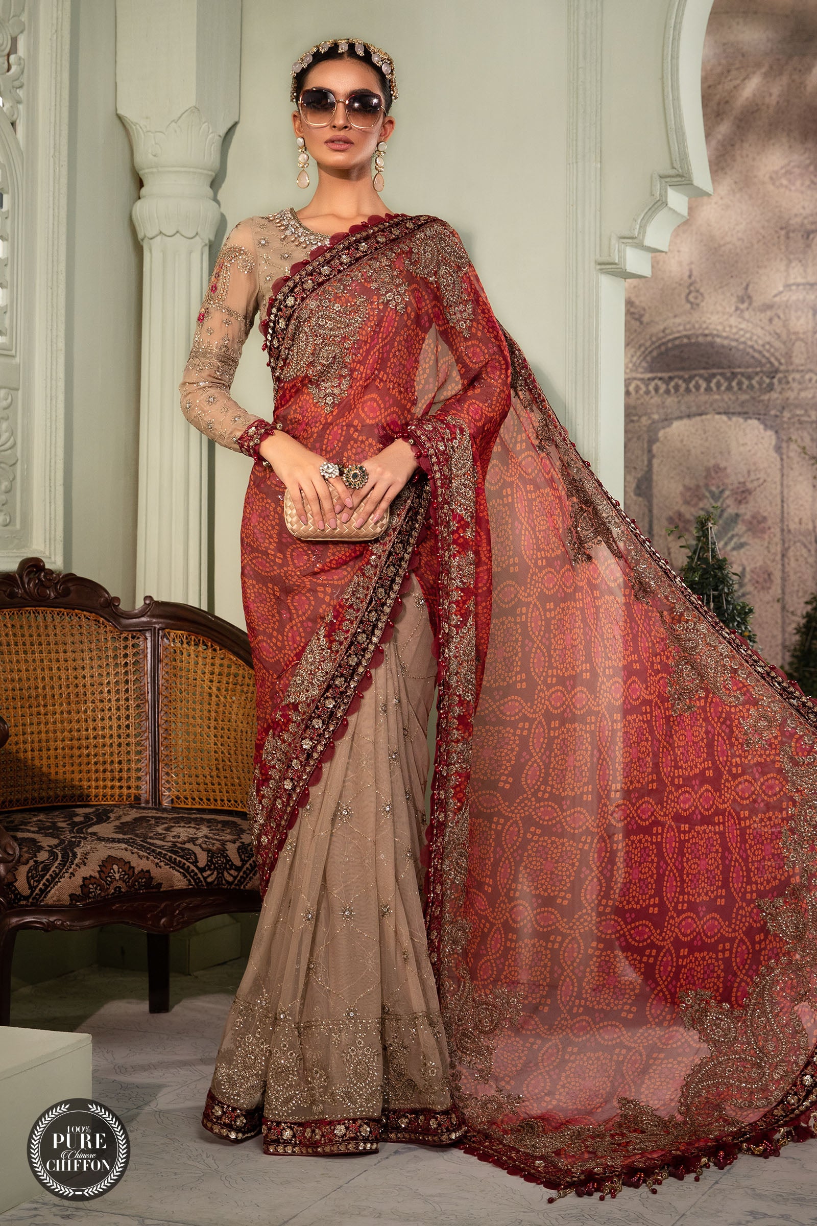 Maria B MPC-22-202-Coffee and Maroon Wedding Chiffon Collection 2022
