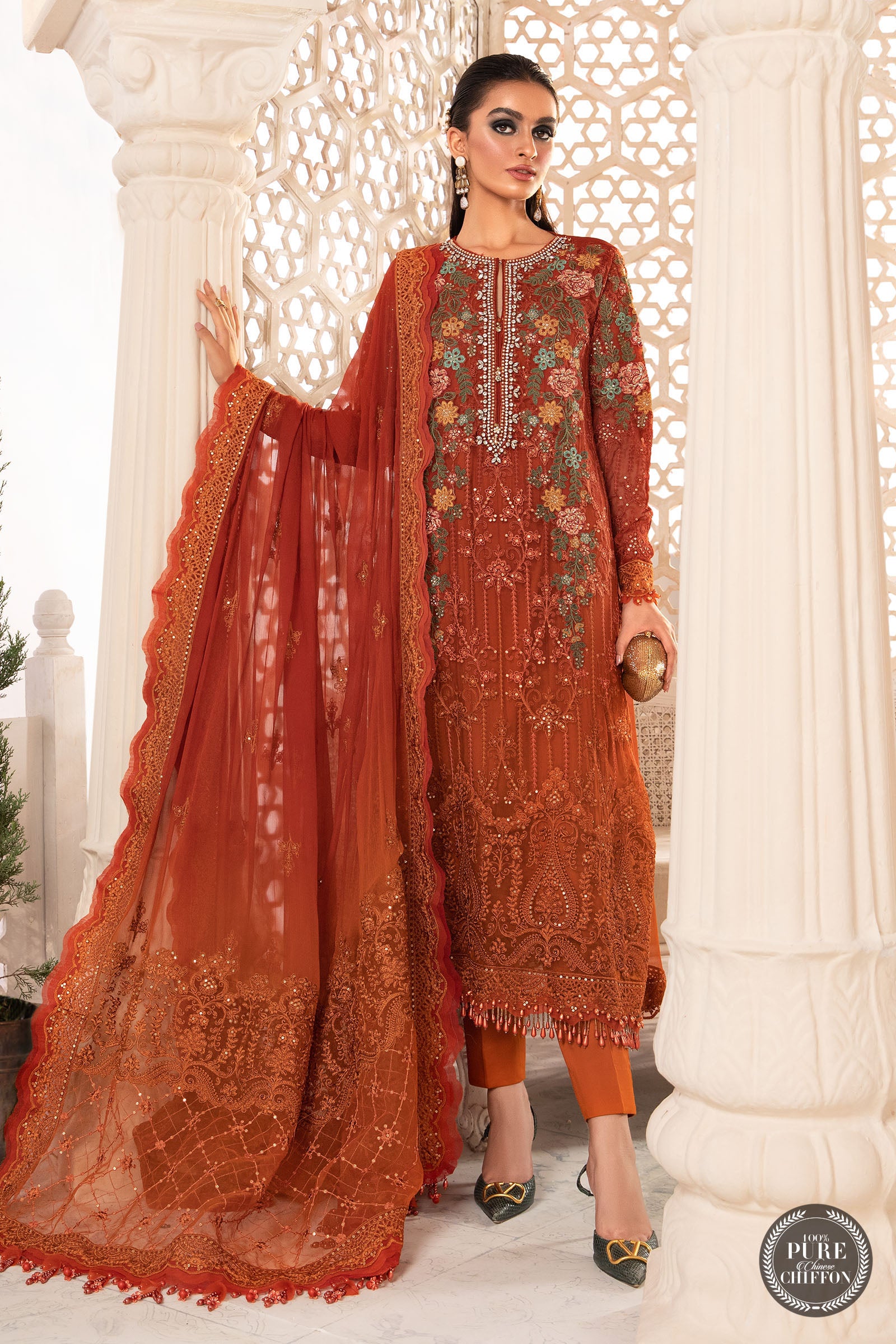 Maria B MPC-22-205-Burnt Orange and Rust Wedding Chiffon Collection 2022