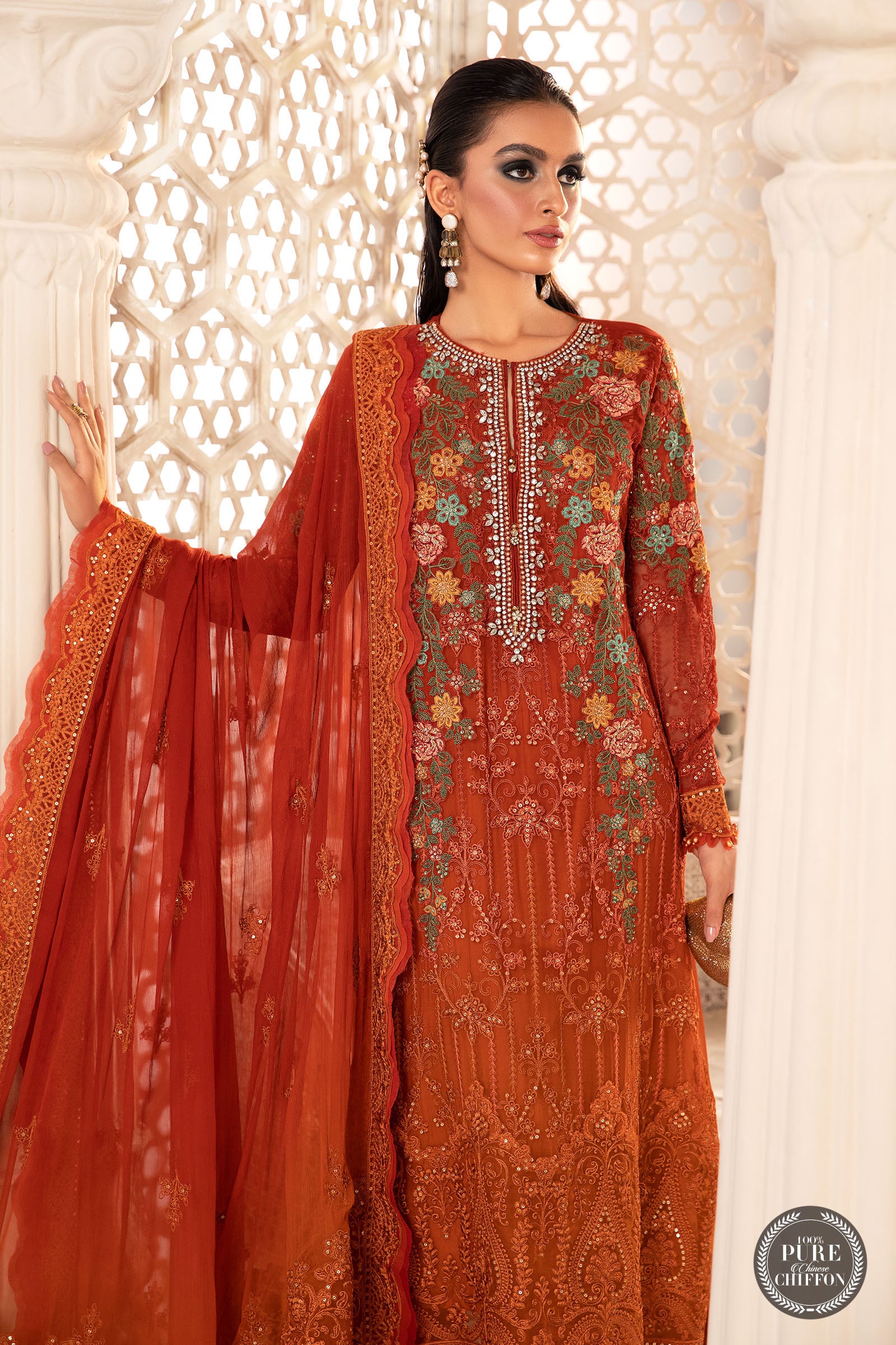 Maria B MPC-22-205-Burnt Orange and Rust Wedding Chiffon Collection 2022
