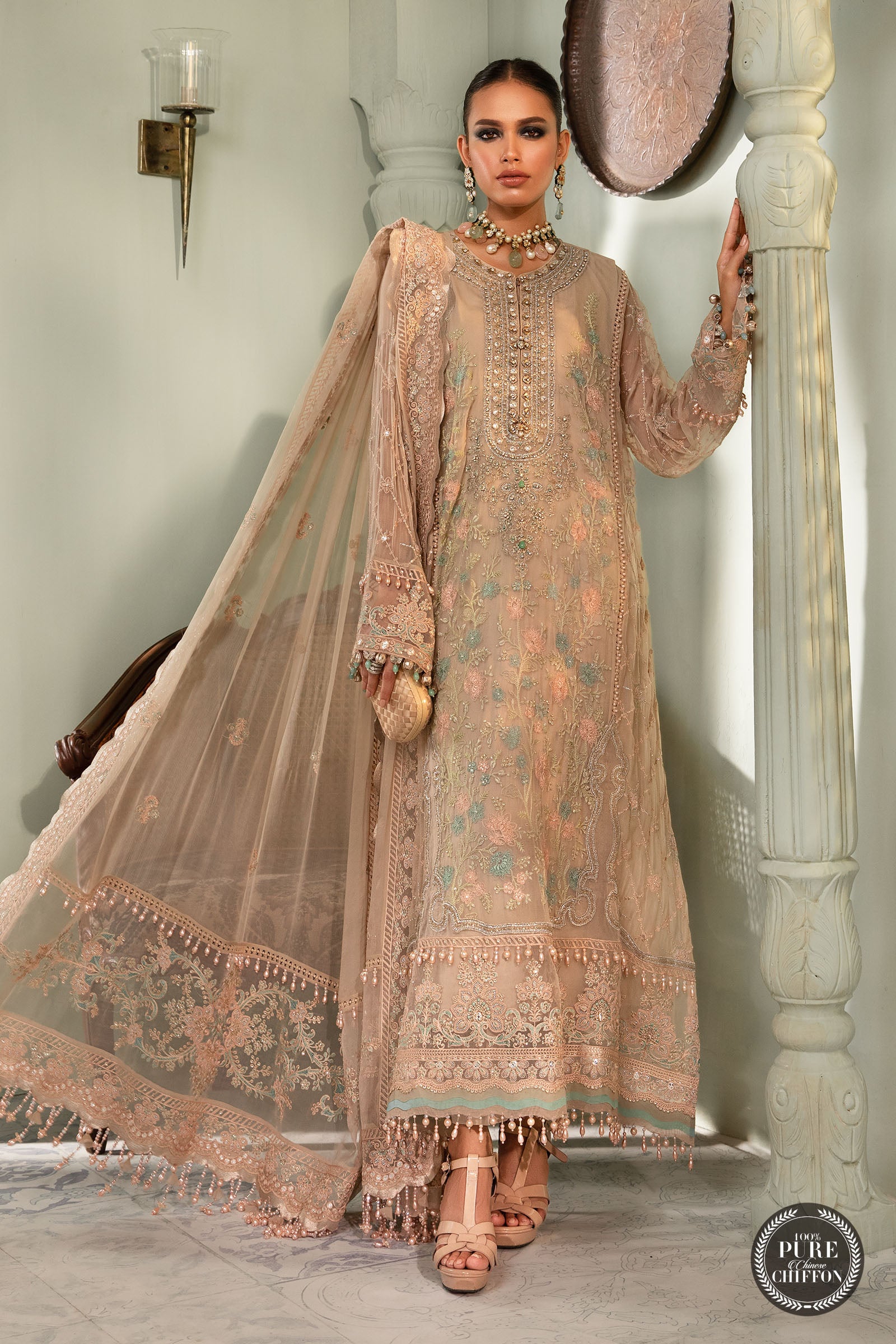 Maria B MPC-22-206-Nude Pink Wedding Chiffon Collection 2022
