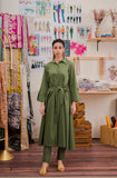 Olive green button-down shirt and trousers set by Sara Clothes