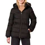 Black Women's Slim Coat: Warm Puffer Jacket with Waistband - AmEss