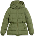 Black Women's Slim Coat: Warm Puffer Jacket with Waistband - AmEss