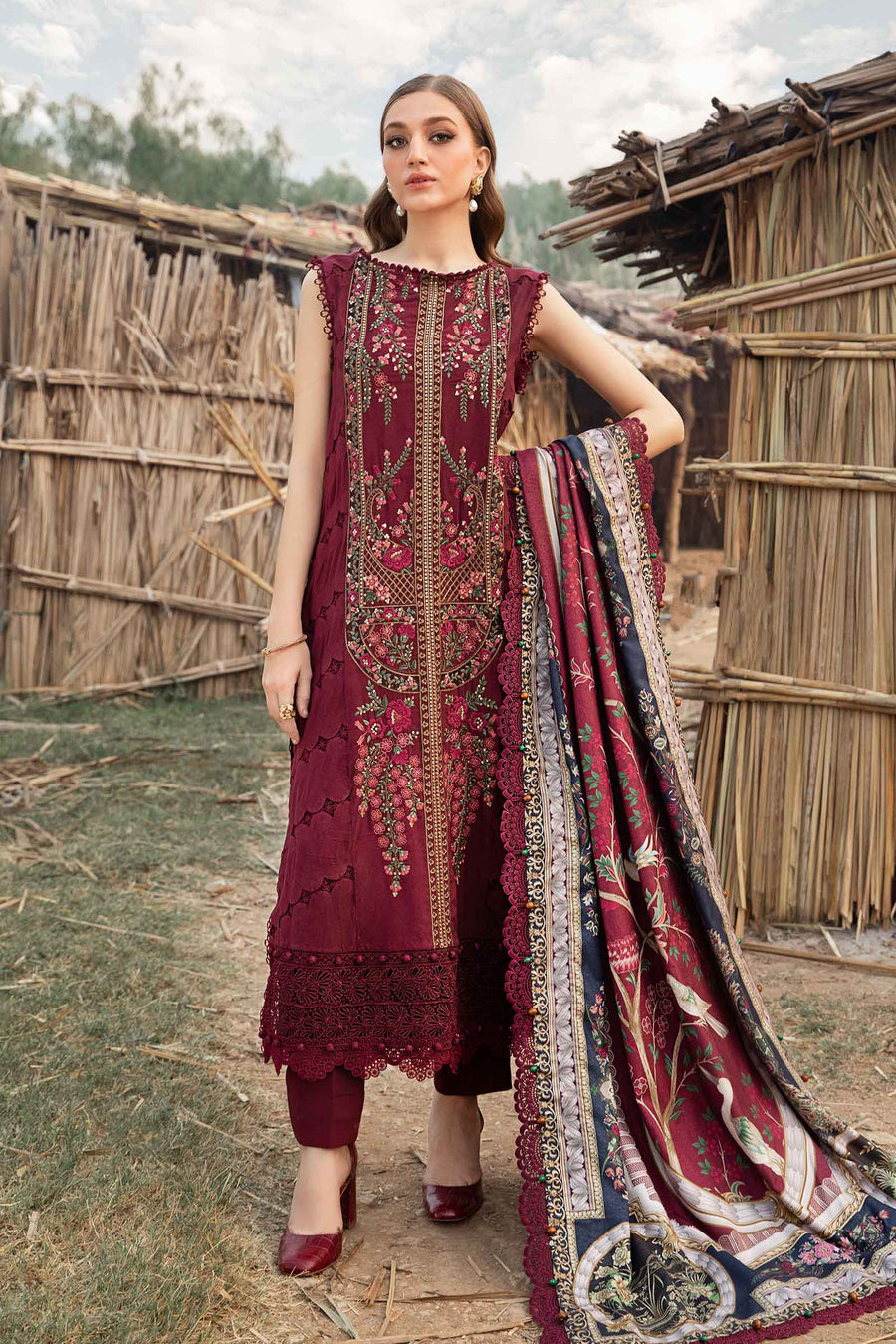 Maria B Skin Maroon Dress MARIA B RED GHARARA AYEZA KHAN CHIFFON