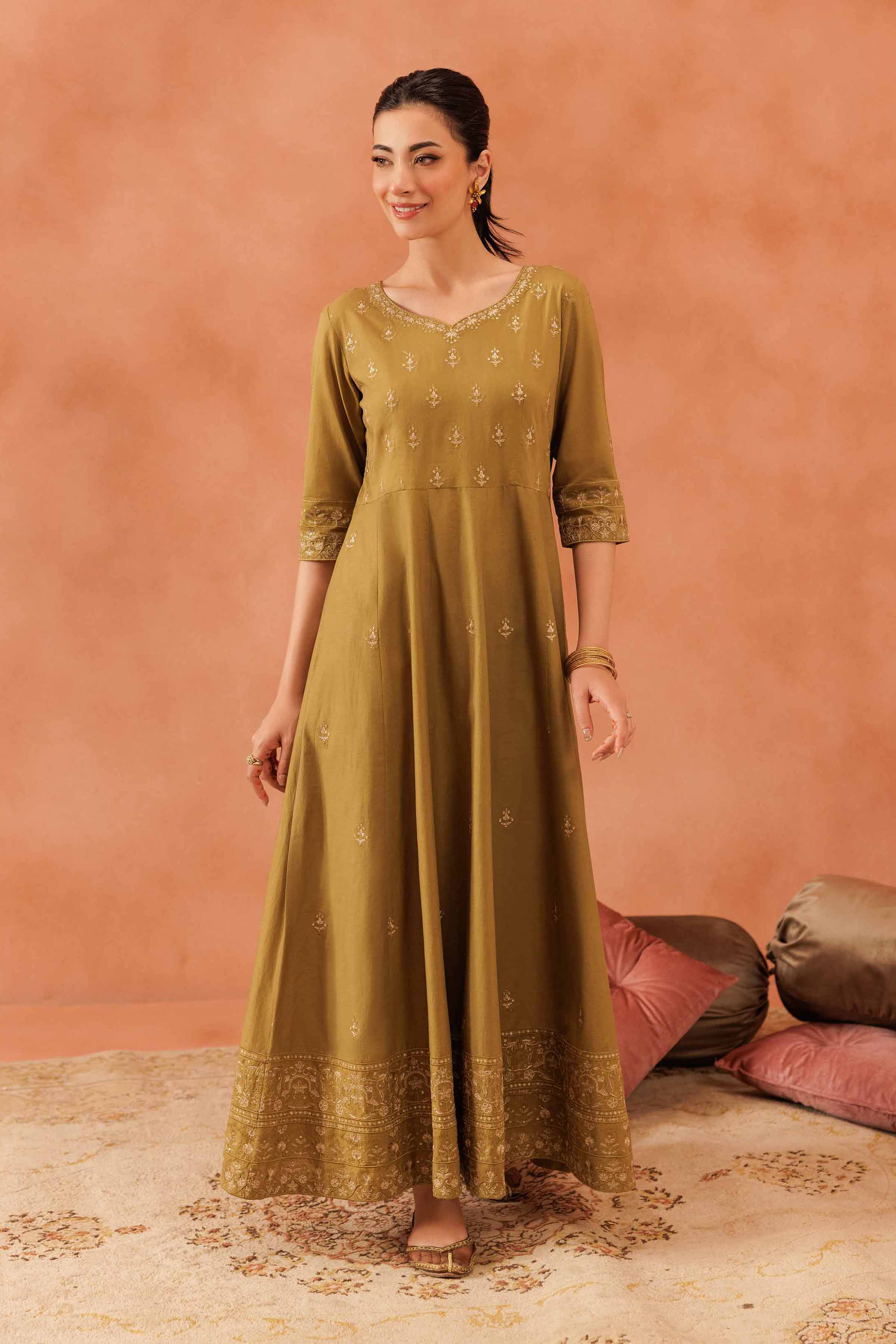 nishat embroidered dresses Buy Green Embroidered Grip 1-piece ready to wear Long dress main image 0