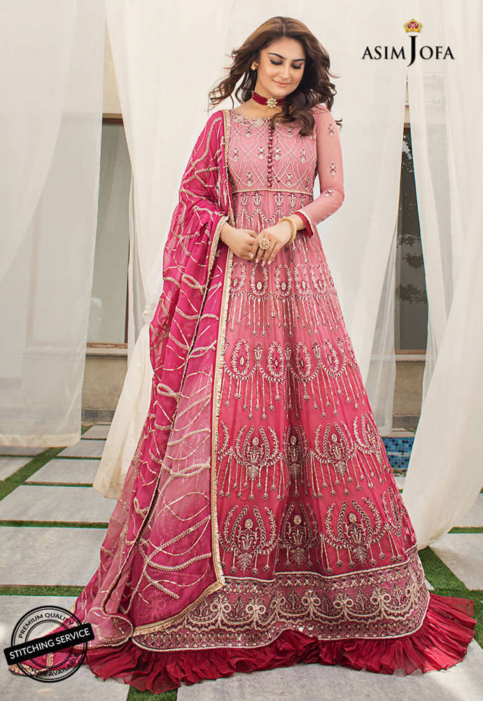 asim jofa pink dress AJLFC-02 Asim Jofa Pink Organza 2-Piece Stitched Cape Dress Online