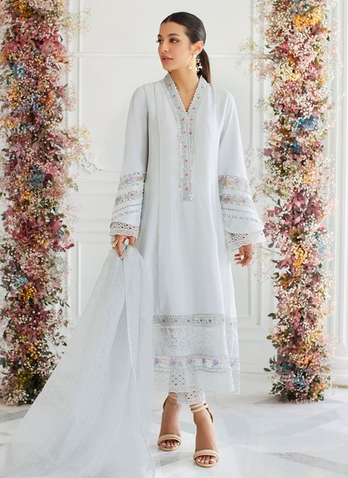 Farah Talib Aziz Silver Silk Shirt And Dupatta Eid Pret 2021