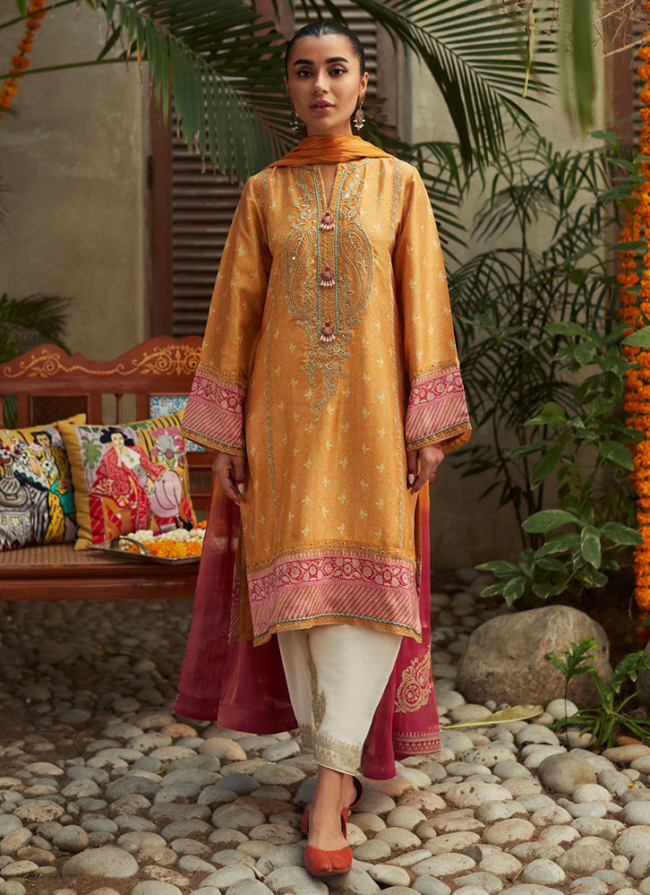 Farah Talib Aziz Gaia Mustard Shirt And Dupatta Tim Tim Luxe Silk Pret 2