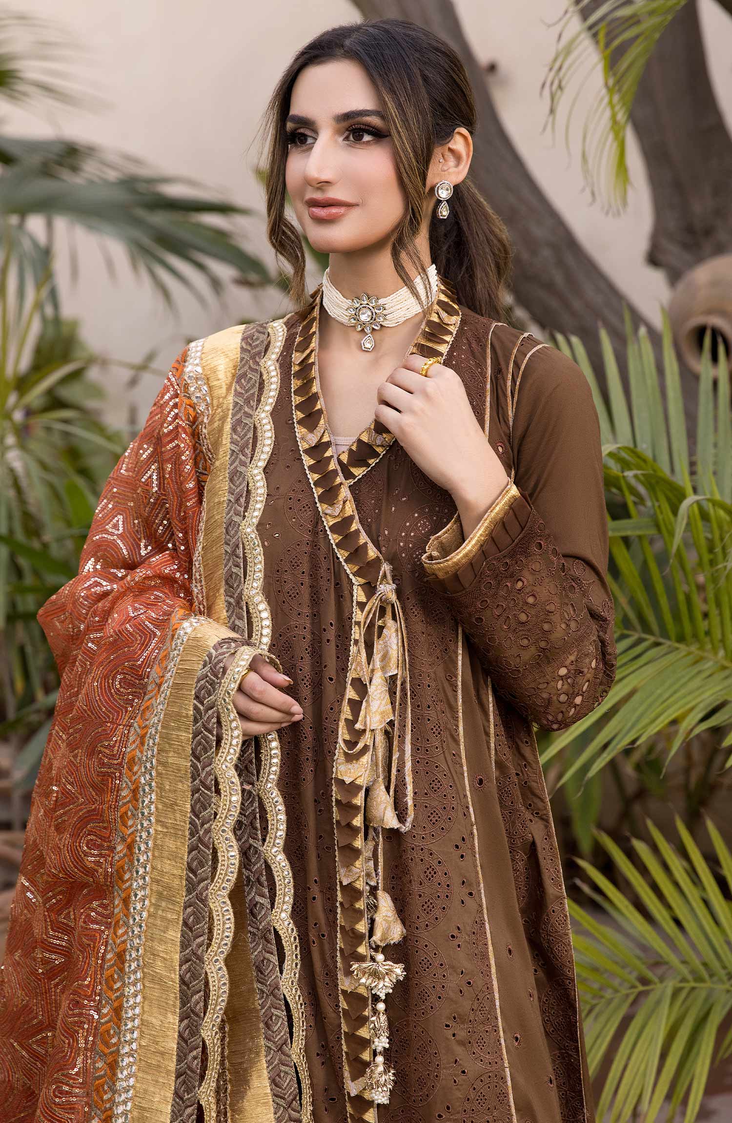 brown chicken kari dress design Chicken Kari Fully Heavy Embroidered Lawn 3 Piece Unstitched Dress main image 1