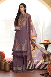 Plum embroidered Nishat Linen suit with scalloped hem and tassel dupatta by Sara Clothes