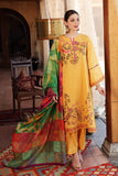 Mustard linen Eid suit with floral embroidery and a colorful patchwork square dupatta by Sara Clothes