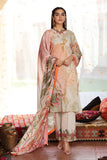 Floral print Eid suit with embroidered trousers and orange-bordered dupatta by Sara Clothes