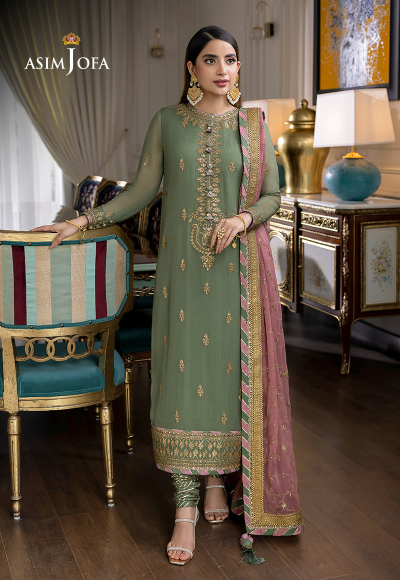 green emerald velvet dress Asim Jofa Green Luxury Chiffon Embroidered 3 Piece Unstitched  Rangrez