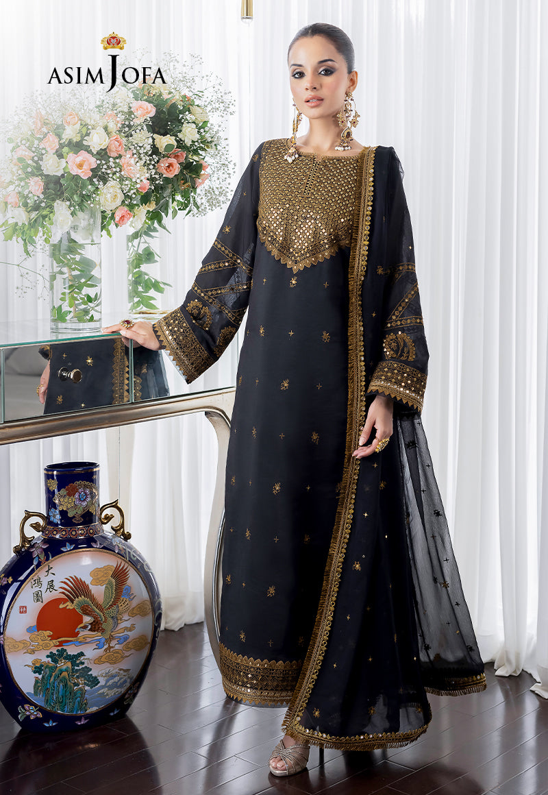 Asim Jofa Black Chanderi Cotton Jhilmil Collection