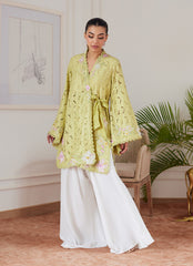 Farah Talib Aziz Abigail Kiwi Embroidered Raw Silk Schiffli Kimono Wrap Luxe Luna Eid Prets 2024