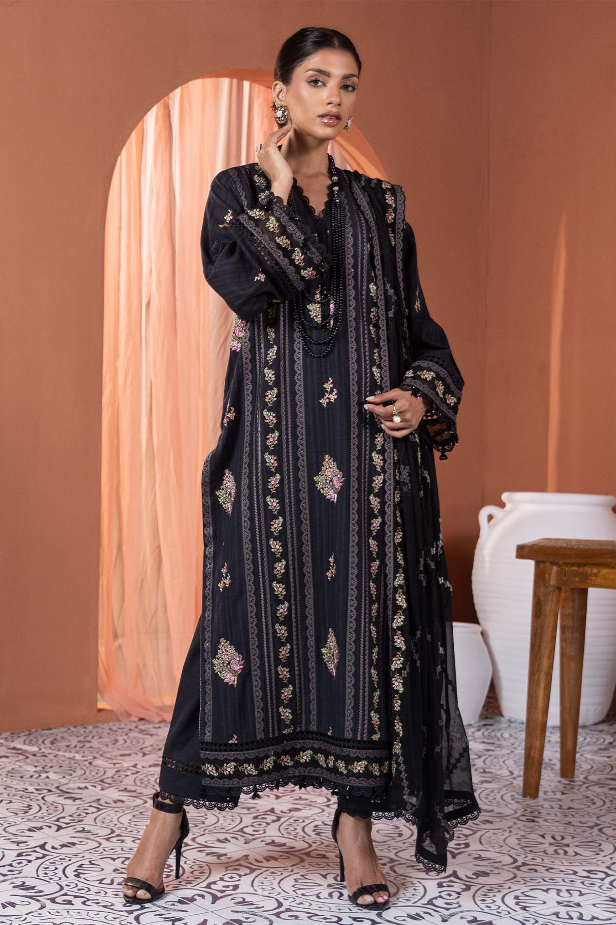 Black embroidered cheap lawn suit