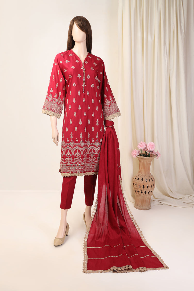 Saya Deep Red Printed Stitched 3 Piece