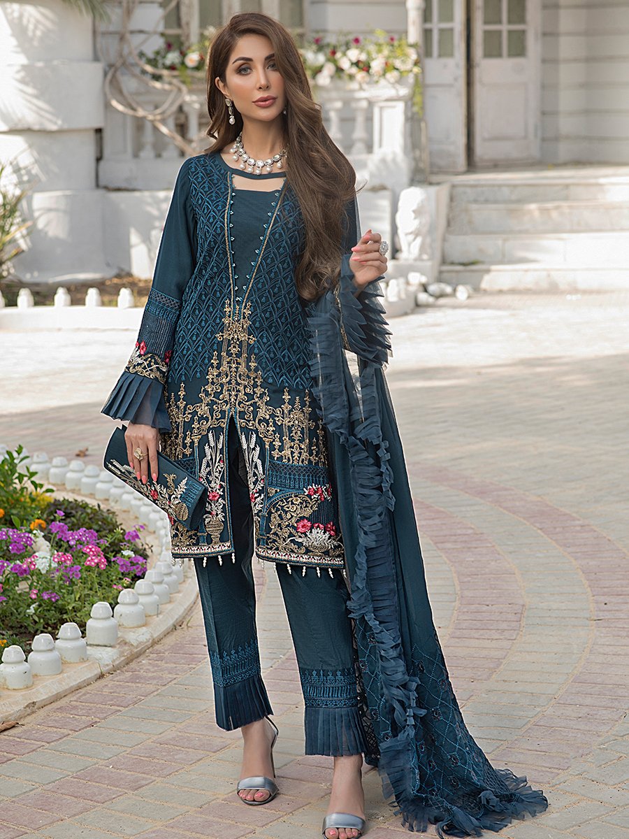 Salitex Azure Blue 3pc Heavy Embroidered Luxury Chiffon Suit Hc 00007 Summer Collection 2021