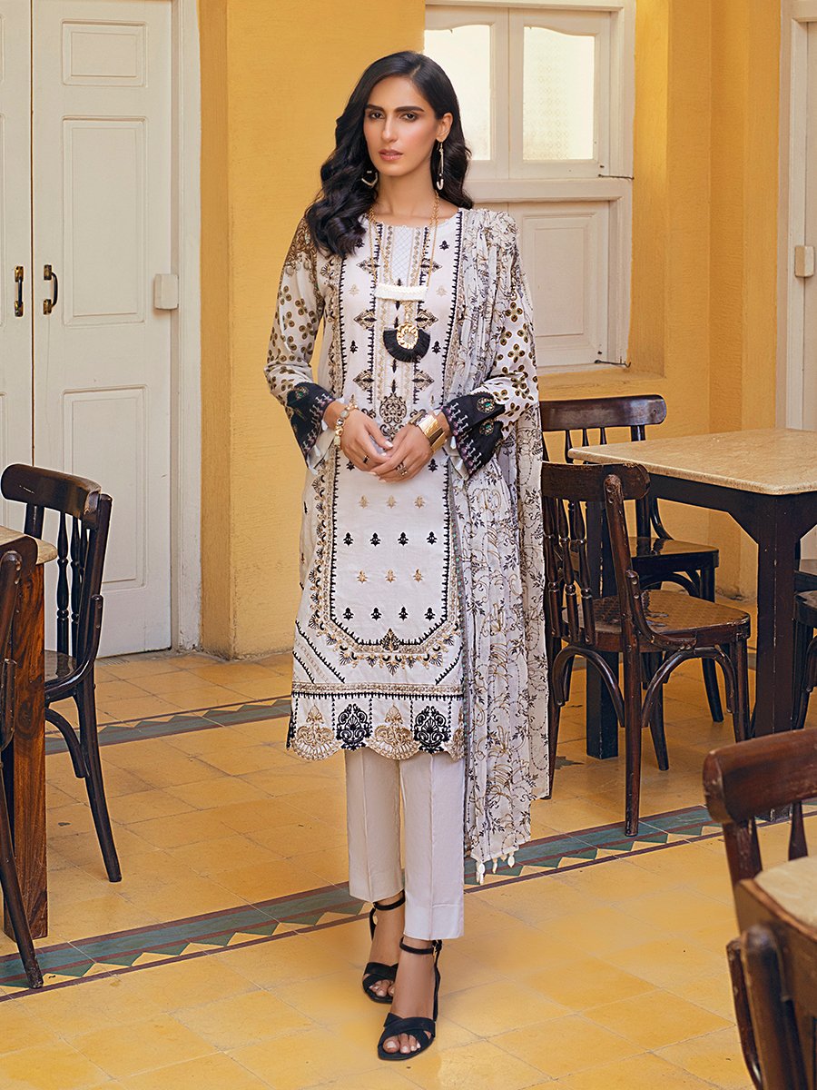 Salitex Snow White 3pc Embroidered Lawn With Chiffon Dupatta Faustina Wk 00728a Summer Collection 2021