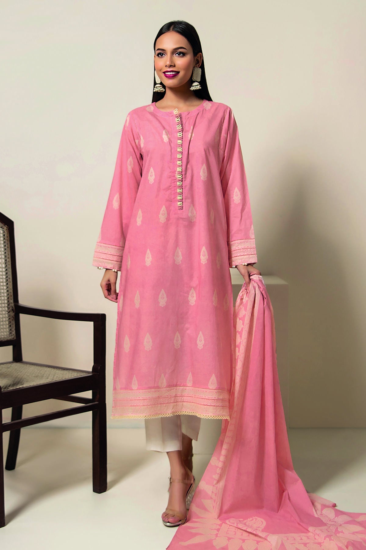 khaadi pink dress Dark Pink Printed Voil Dress