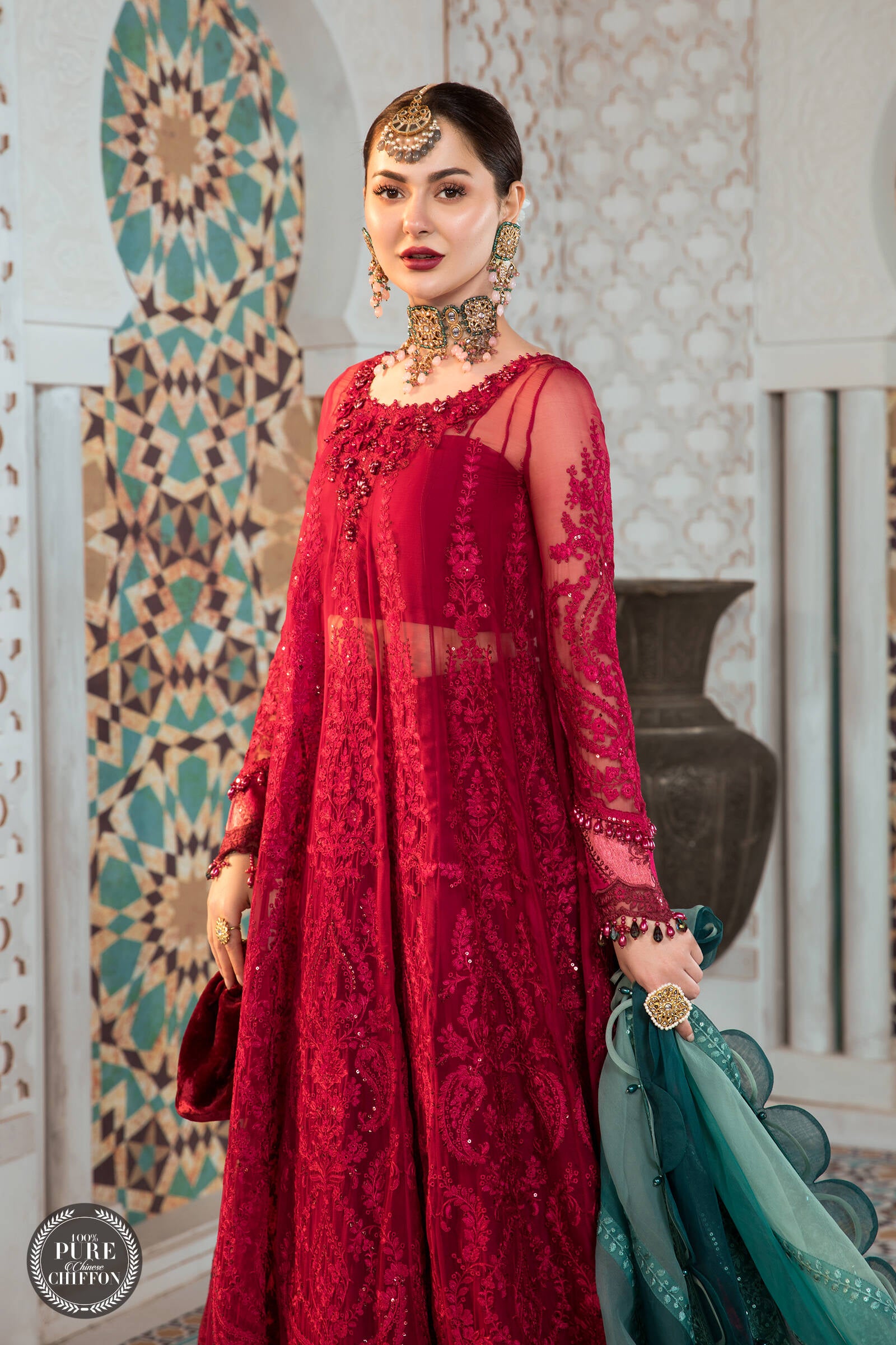 Maria B MPC-21-102-Cherry red with Shades of Teal Chiffon Vol 1 2022 – Sara Clothes