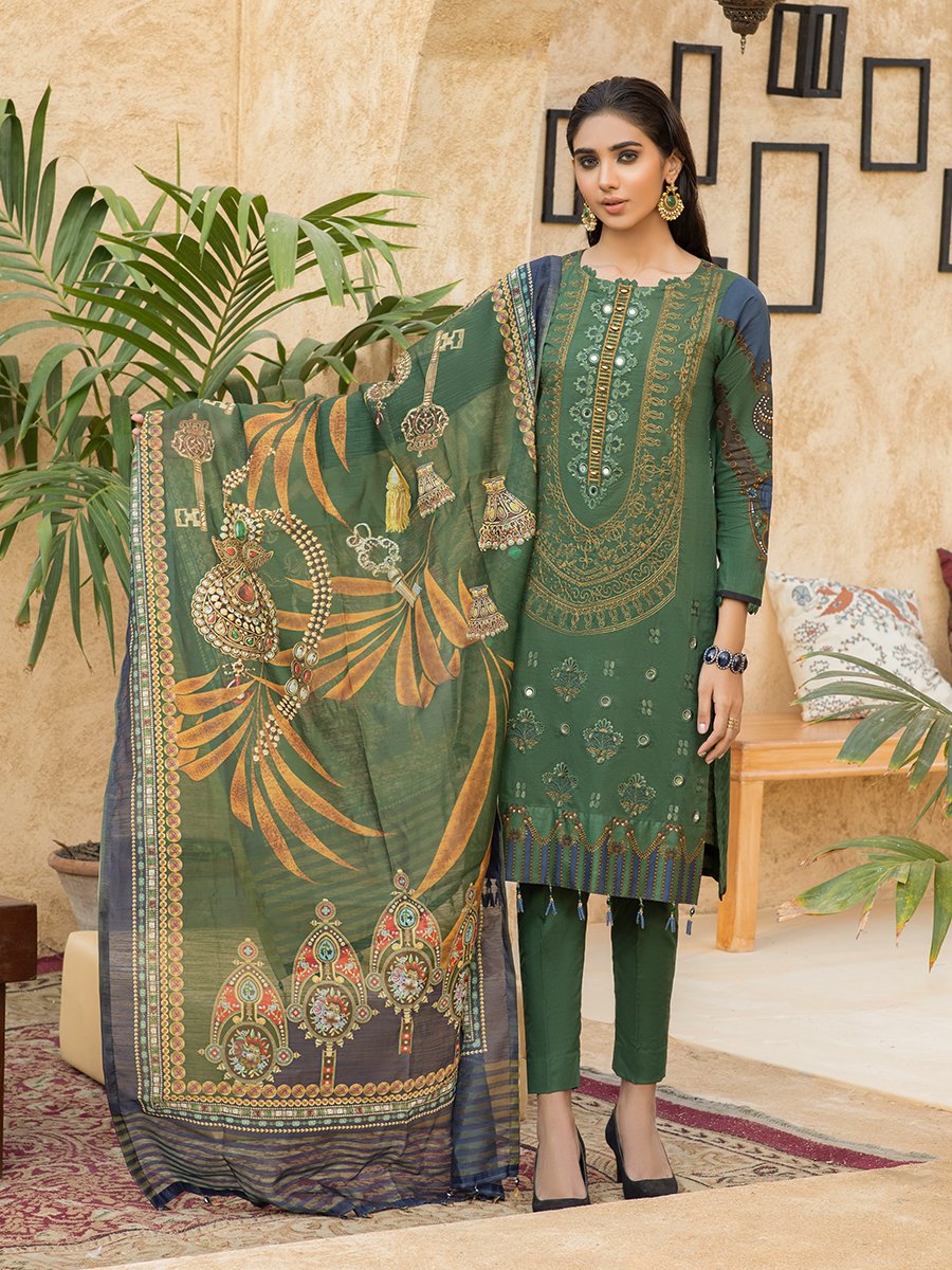 Salitex Hunter Green 3pc Lawn Embroidered Front With Lawn Printed Back Sleeves With Monar Dupatta Dyed Cambric Trouser Rococo Wk 00668a Summer Collection 2021