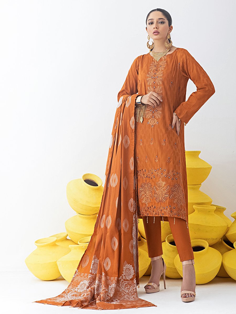 Salitex Gold Bold 3pc Embroidered Jacquard Shirt With Lawn Jacquard Dupatta Dyed Cambric Trouser Signature Series Wk 00770 Summer Collection 2021