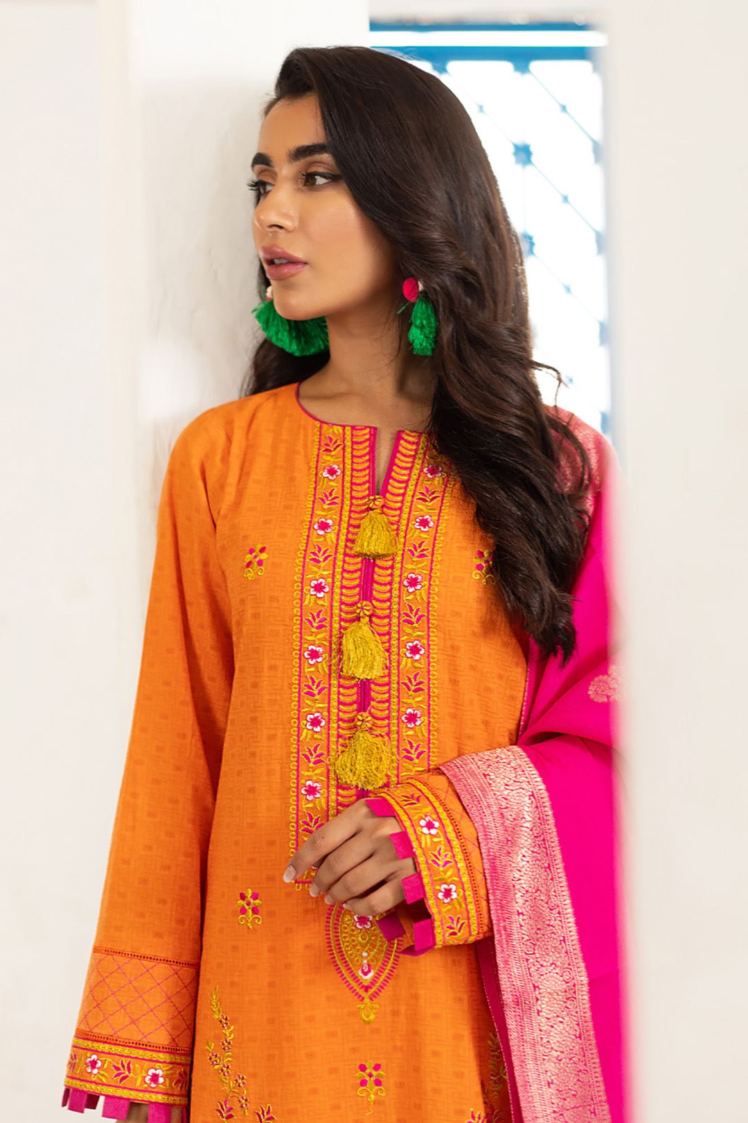 Zellbury Embroidered Shirt Shalwar Dupatta - Orange - Jacquard Suit-0608 Signature Lawn Collection 2024