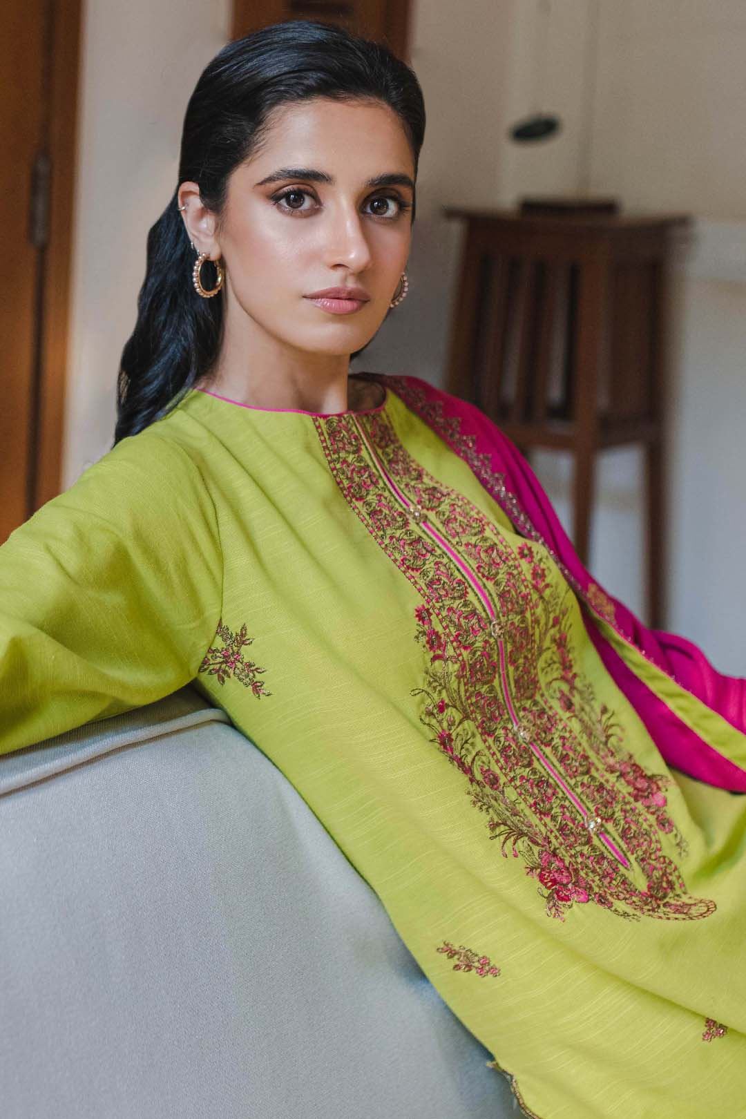 Zellbury Embroidered Shirt Shalwar Dupatta - Lime Green - Karandi Suit - 0056 Signature Lawn Collection 2024