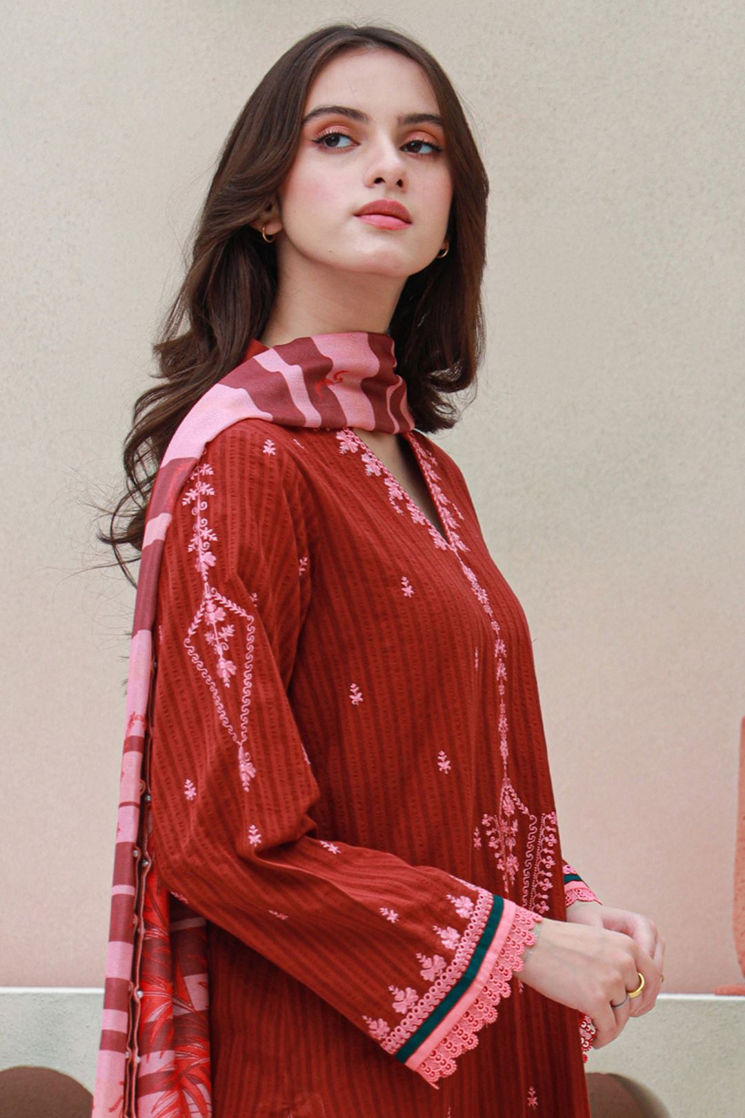 Zellbury Embroidered Shirt Shalwar Dupatta - Red - Cambric Suit - 0845 Signature Lawn Collection 2024