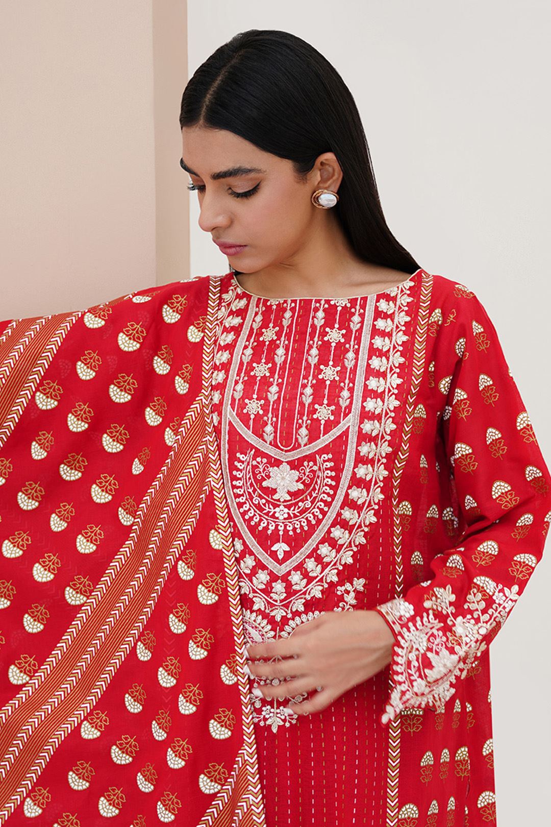 Zellbury Embroidered Shirt Shalwar Dupatta - Red - Lawn Suit-0195 Signature Lawn Collection 2024