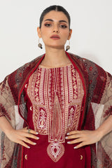 Zellbury Embroidered Shirt Shalwar Dupatta - Red - Slub Lawn Suit-0652 Signature Lawn Collection 2024